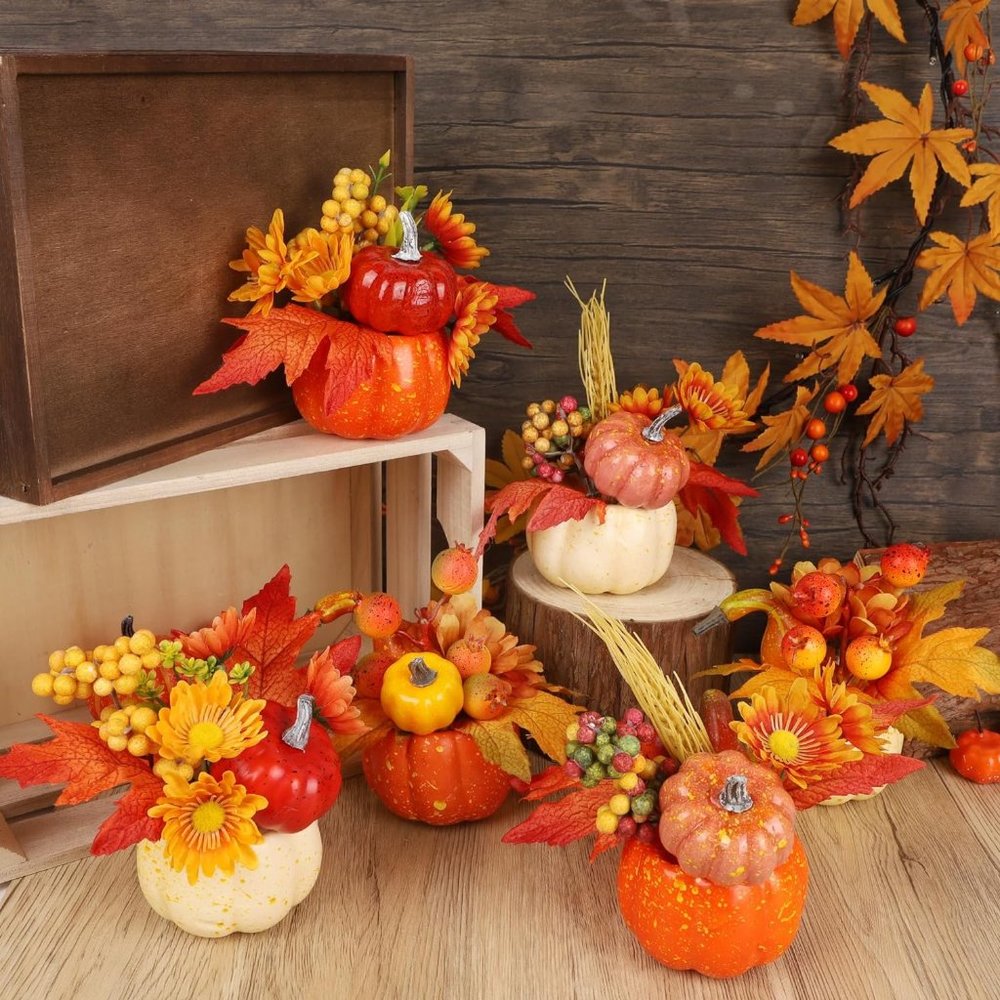 Decorations Set of 6 Artificial Pumpkins, Decorative Pumpkin with Maple‎ Flower